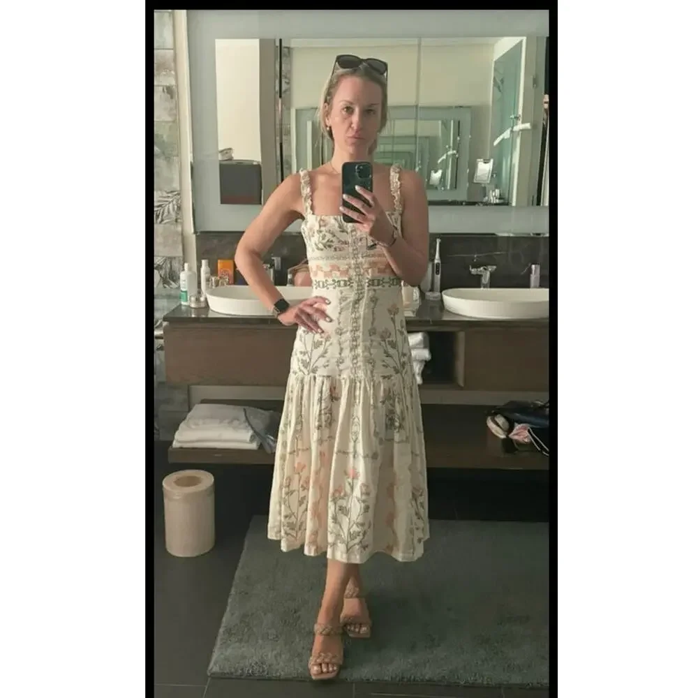 AGUA BY AGUA BENDITA Alma Nispero Oasis Floral Cream Pink Garden Midi Dress sz S - Picture 5 of 14